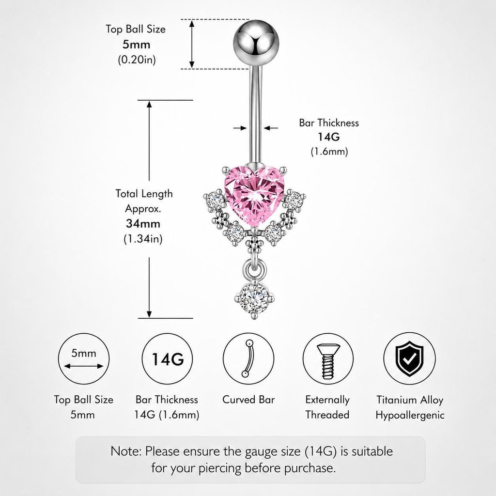 ASTM F136 Titanium Heart Belly Button Ring｜14G Navel Piercing｜Pink Heart CZ Dangle Belly Ring｜Implant Grade Hypoallergenic Body Jewelry