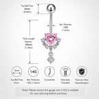 ASTM F136 Titanium Heart Belly Button Ring｜14G Navel Piercing｜Pink Heart CZ Dangle Belly Ring｜Implant Grade Hypoallergenic Body Jewelry