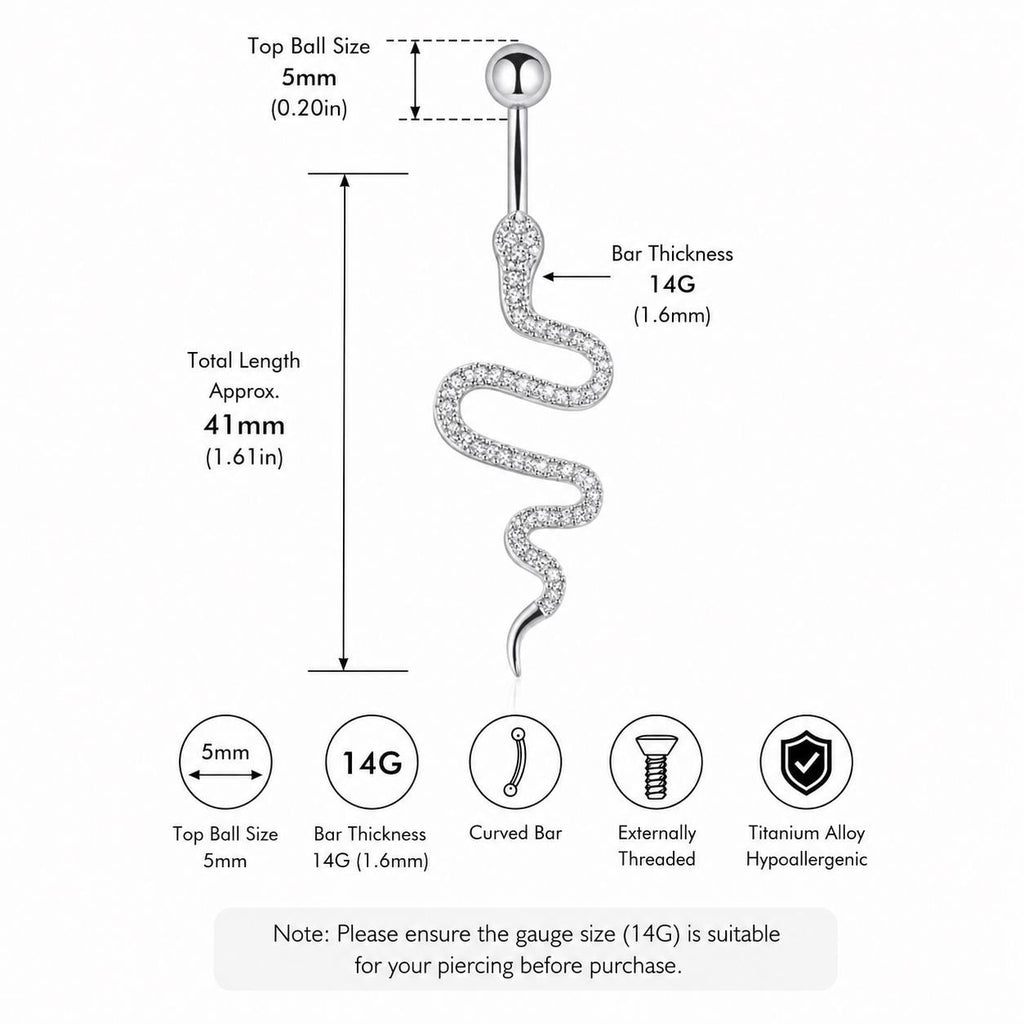 ASTM F136 Titanium Snake Belly Button Ring｜14G Navel Piercing｜Clear CZ Serpent Navel Ring｜Implant Grade Titanium Jewelry