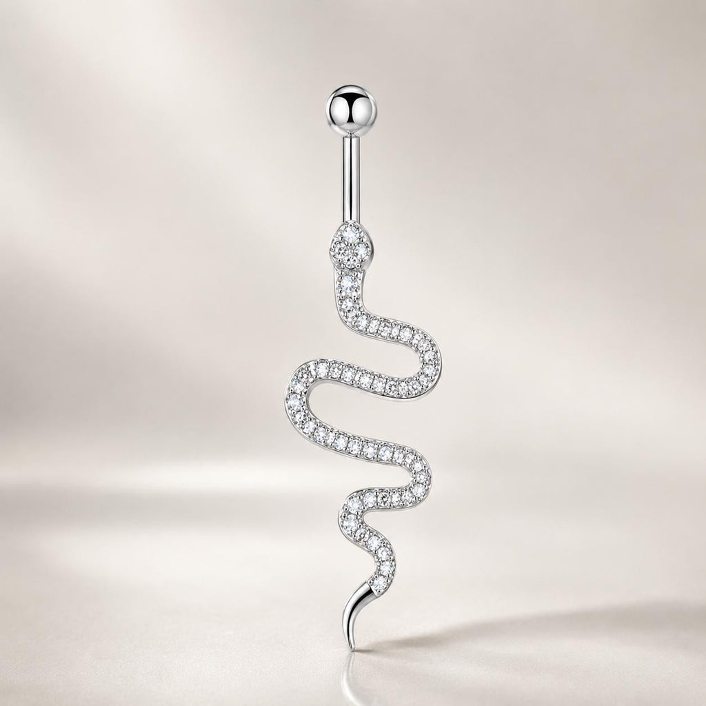 ASTM F136 Titanium Snake Belly Button Ring｜14G Navel Piercing｜Clear CZ Serpent Navel Ring｜Implant Grade Titanium Jewelry