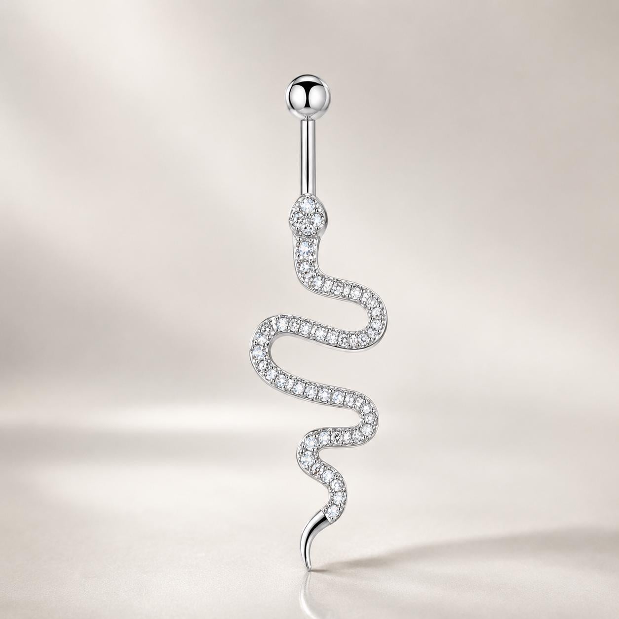 ASTM F136 Titanium Snake Belly Button Ring｜14G Navel Piercing｜Clear CZ Serpent Navel Ring｜Implant Grade Titanium Jewelry