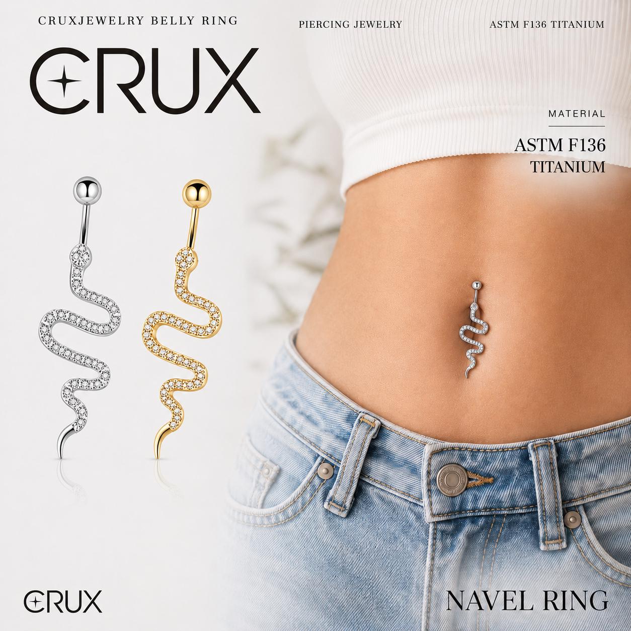 ASTM F136 Titanium Snake Belly Button Ring｜14G Navel Piercing｜Clear CZ Serpent Navel Ring｜Implant Grade Titanium Jewelry