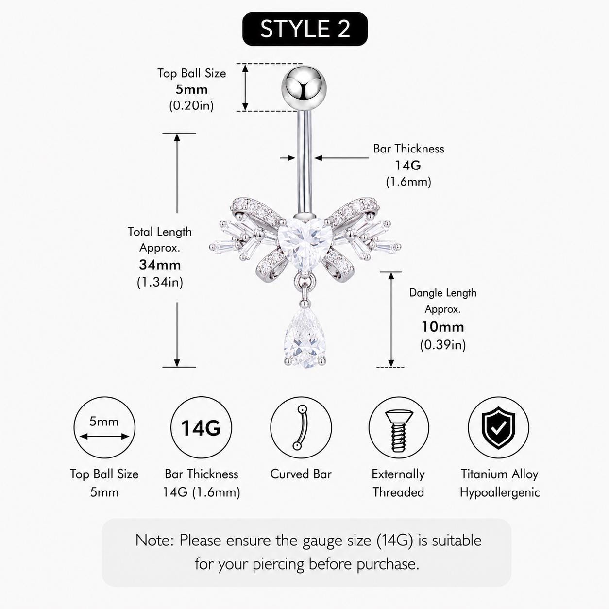 ASTM F136 Titanium Bowknot Belly Button Ring｜14G Navel Piercing｜Dangle Teardrop CZ Navel Ring｜Implant Grade Titanium Jewelry