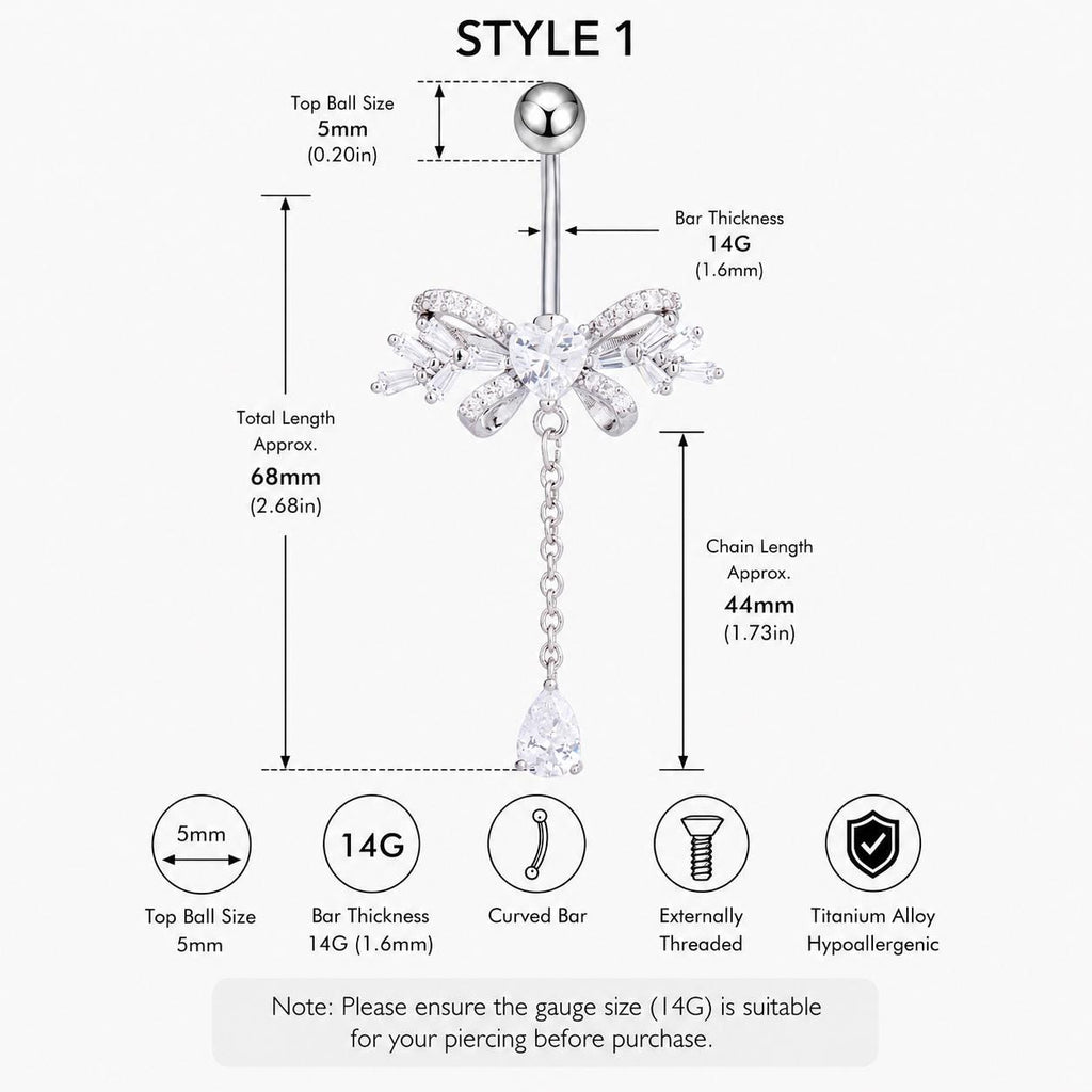 ASTM F136 Titanium Bowknot Belly Button Ring｜14G Navel Piercing｜Dangle Teardrop CZ Navel Ring｜Implant Grade Titanium Jewelry