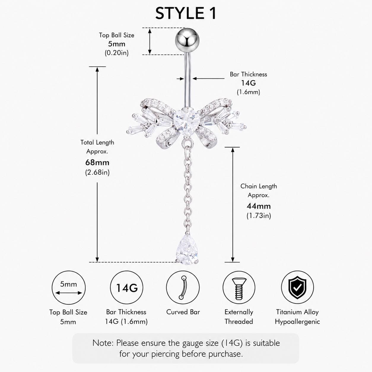 ASTM F136 Titanium Bowknot Belly Button Ring｜14G Navel Piercing｜Dangle Teardrop CZ Navel Ring｜Implant Grade Titanium Jewelry