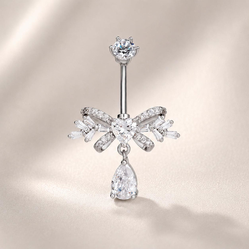 ASTM F136 Titanium Bowknot Belly Button Ring｜14G Navel Piercing｜Dangle Teardrop CZ Navel Ring｜Implant Grade Titanium Jewelry