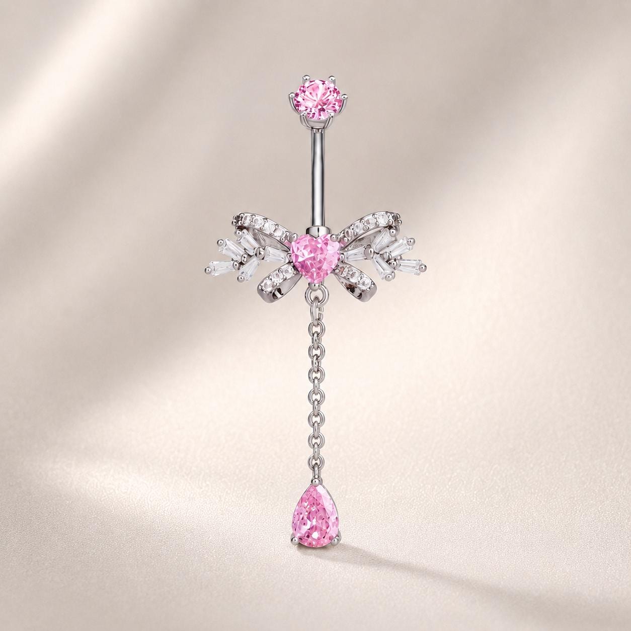 ASTM F136 Titanium Bowknot Belly Button Ring｜14G Navel Piercing｜Dangle Teardrop CZ Navel Ring｜Implant Grade Titanium Jewelry