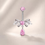 ASTM F136 Titanium Bowknot Belly Button Ring｜14G Navel Piercing｜Dangle Teardrop CZ Navel Ring｜Implant Grade Titanium Jewelry