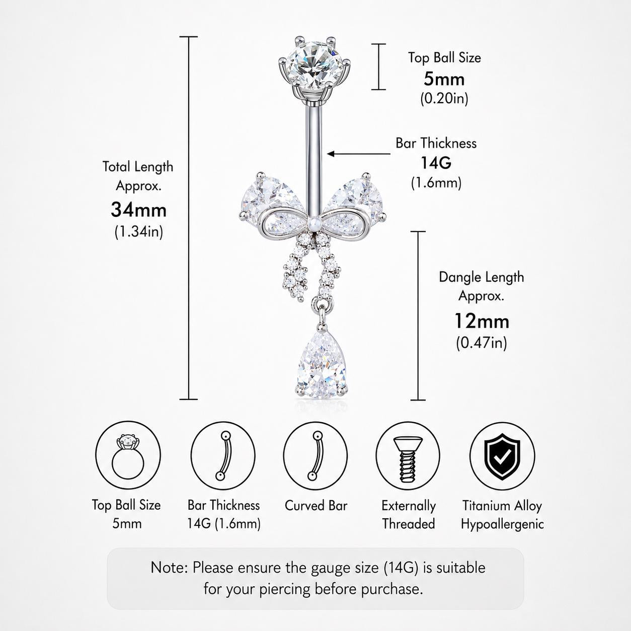 F136 Titanium Butterfly Belly Button Ring ｜ 14G Navel Piercing ｜ CZ Butterfly Navel Ring ｜ Externally Threaded ｜ Gift for Her
