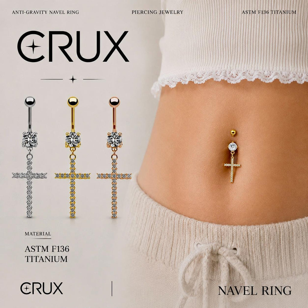 F136 Titanium Cross Belly Button Ring ｜ 14G Navel Piercing ｜ CZ Dangle Navel Ring ｜ Externally Threaded ｜ Gothic Jewelry