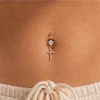 F136 Titanium Cross Belly Button Ring ｜ 14G Navel Piercing ｜ CZ Dangle Navel Ring ｜ Externally Threaded ｜ Gothic Jewelry