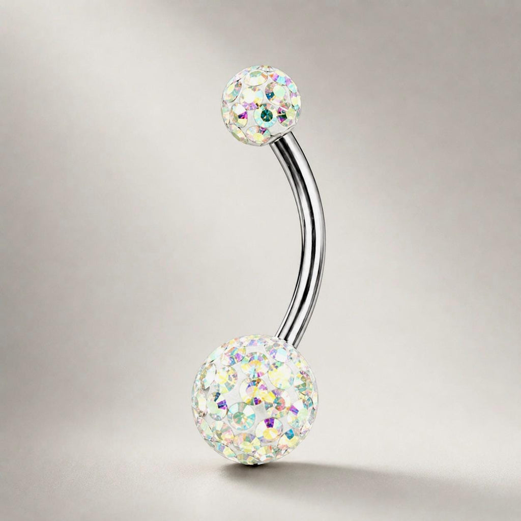 ASTM F136 Titanium Crystal Ball Belly Button Ring｜14G Navel Piercing｜CZ Pavé Ball Navel Ring｜Externally Threaded｜Y2K Jewelry