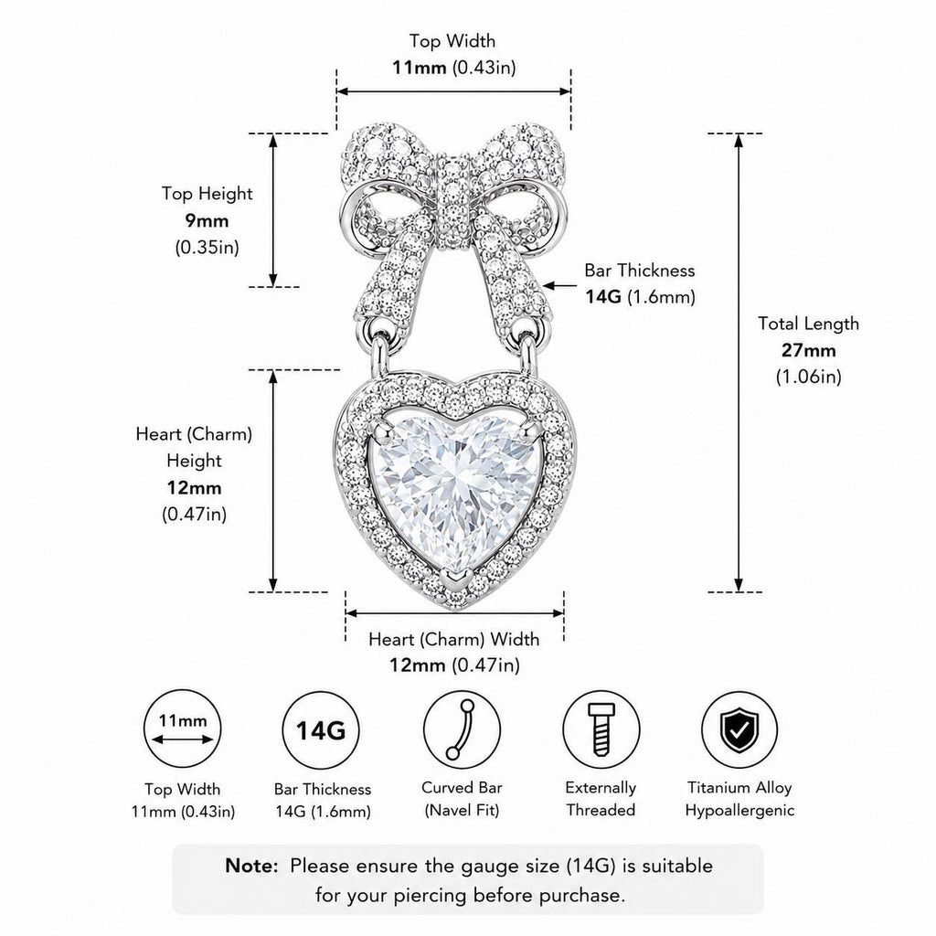 ASTM F136 Titanium Bow Heart Belly Button Ring｜14G Navel Piercing｜CZ Heart Dangle Navel Ring｜Externally Threaded｜Y2K Jewelry