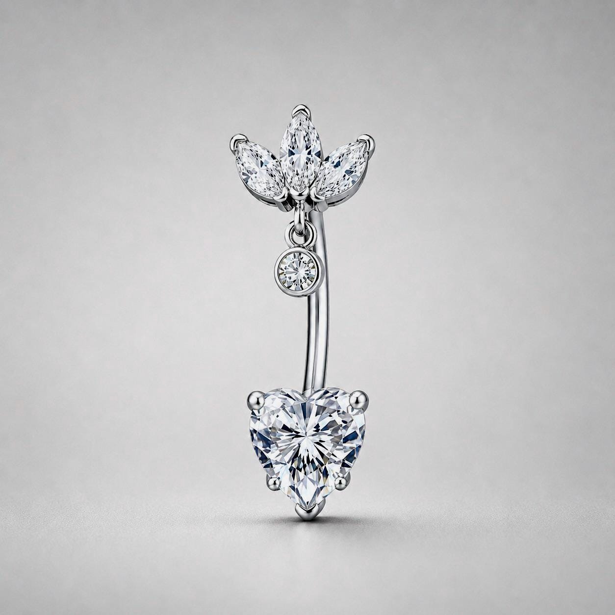ASTM F136 Titanium Leaf Dangle Belly Ring｜14G Navel Piercing｜CZ Heart Crystal Navel Jewelry｜Externally Threaded｜Gift for Her