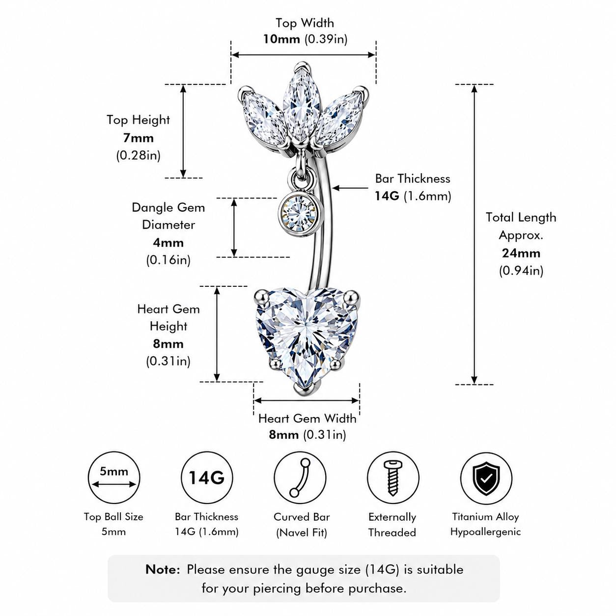 ASTM F136 Titanium Leaf Dangle Belly Ring｜14G Navel Piercing｜CZ Heart Crystal Navel Jewelry｜Externally Threaded｜Gift for Her