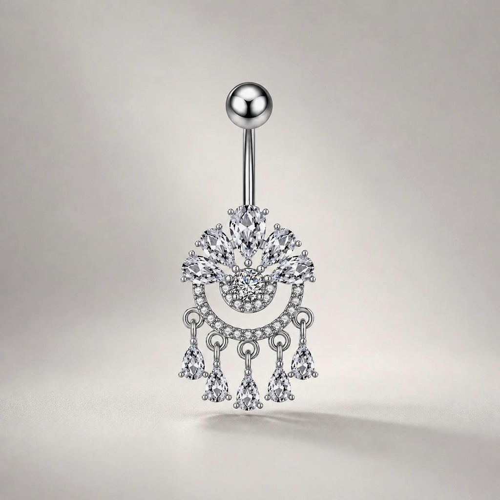 ASTM F136 Titanium Crown Belly Button Ring｜14G Navel Piercing｜CZ Chandelier Dangle Navel Ring｜Externally Threaded｜Gothic Jewelry