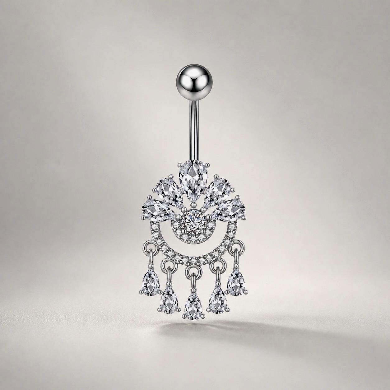 ASTM F136 Titanium Crown Belly Button Ring｜14G Navel Piercing｜CZ Chandelier Dangle Navel Ring｜Externally Threaded｜Gothic Jewelry