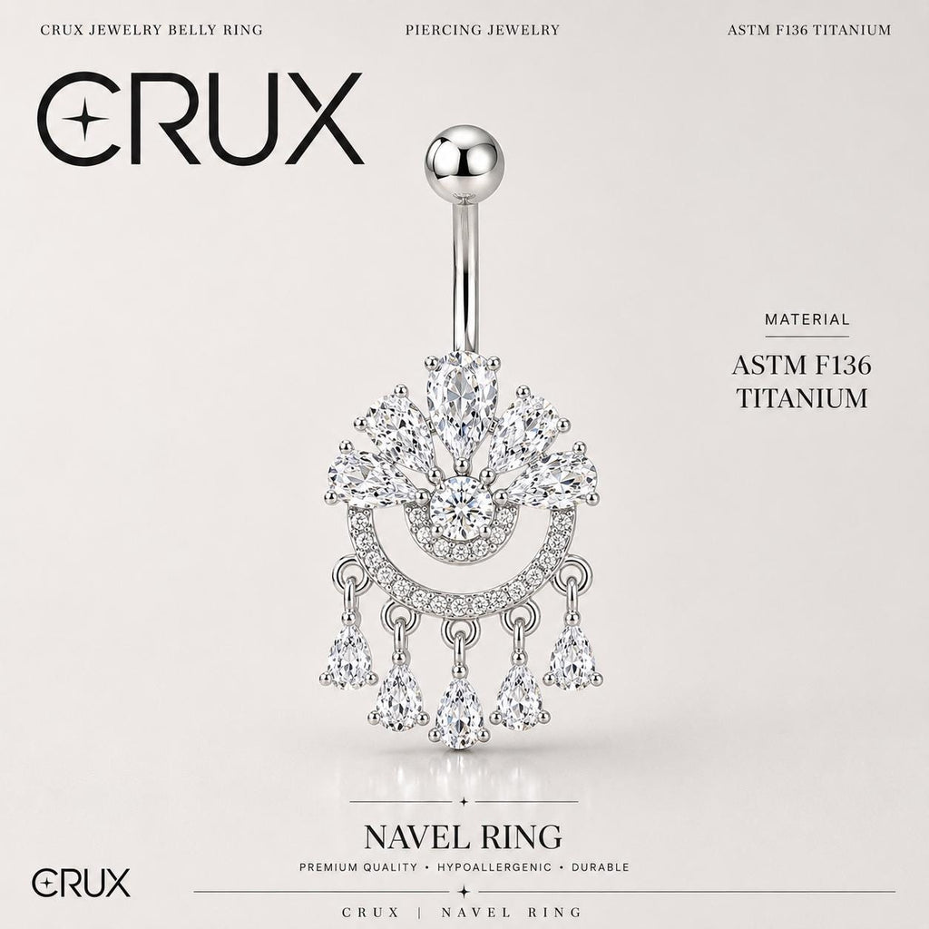 ASTM F136 Titanium Crown Belly Button Ring｜14G Navel Piercing｜CZ Chandelier Dangle Navel Ring｜Externally Threaded｜Gothic Jewelry