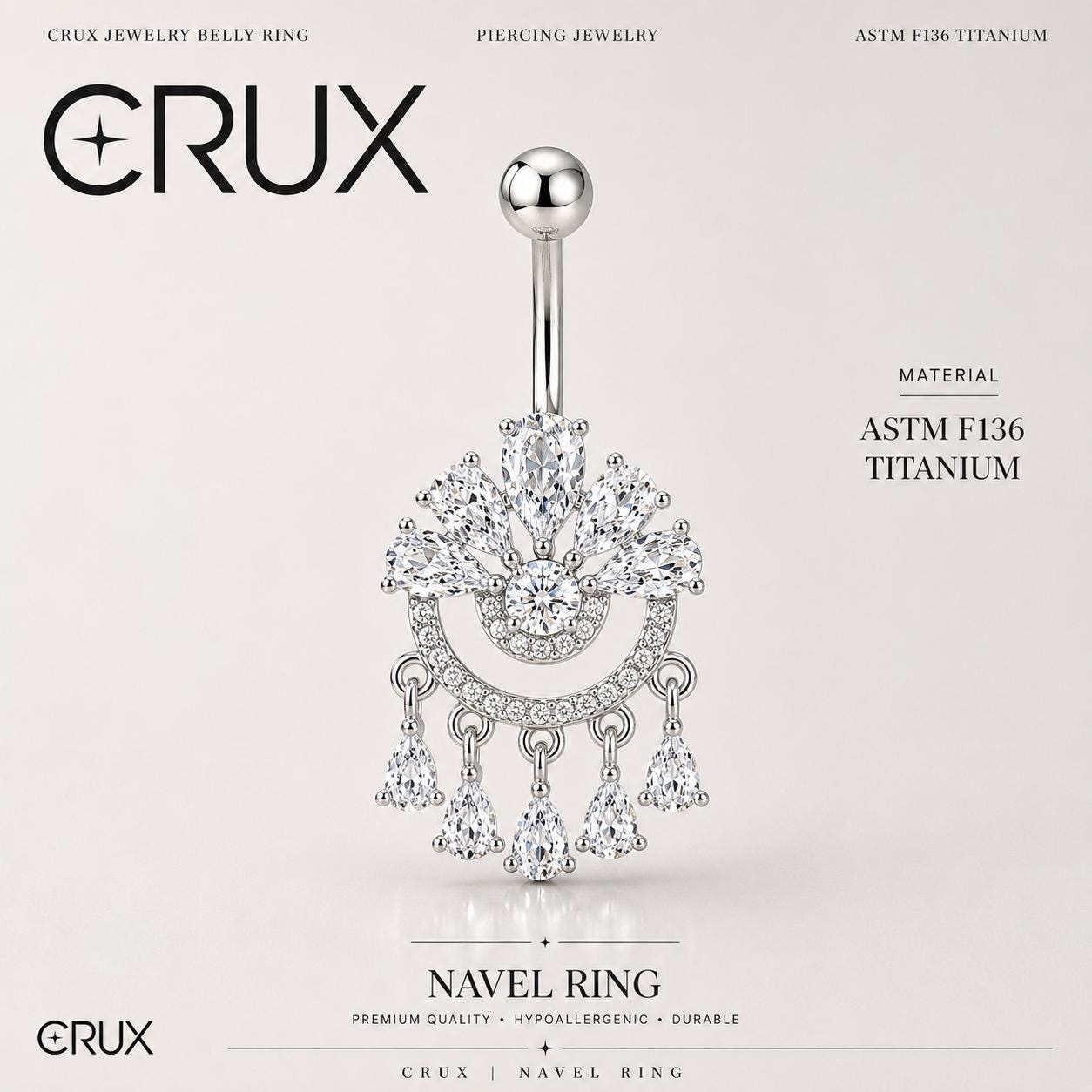 ASTM F136 Titanium Crown Belly Button Ring｜14G Navel Piercing｜CZ Chandelier Dangle Navel Ring｜Externally Threaded｜Gothic Jewelry