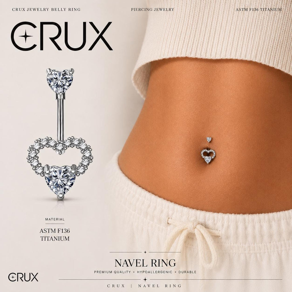 ASTM F136 Titanium Heart Belly Button Ring｜14G Anti-Gravity Navel Ring｜CZ Double Heart Navel Ring｜Gift For Her