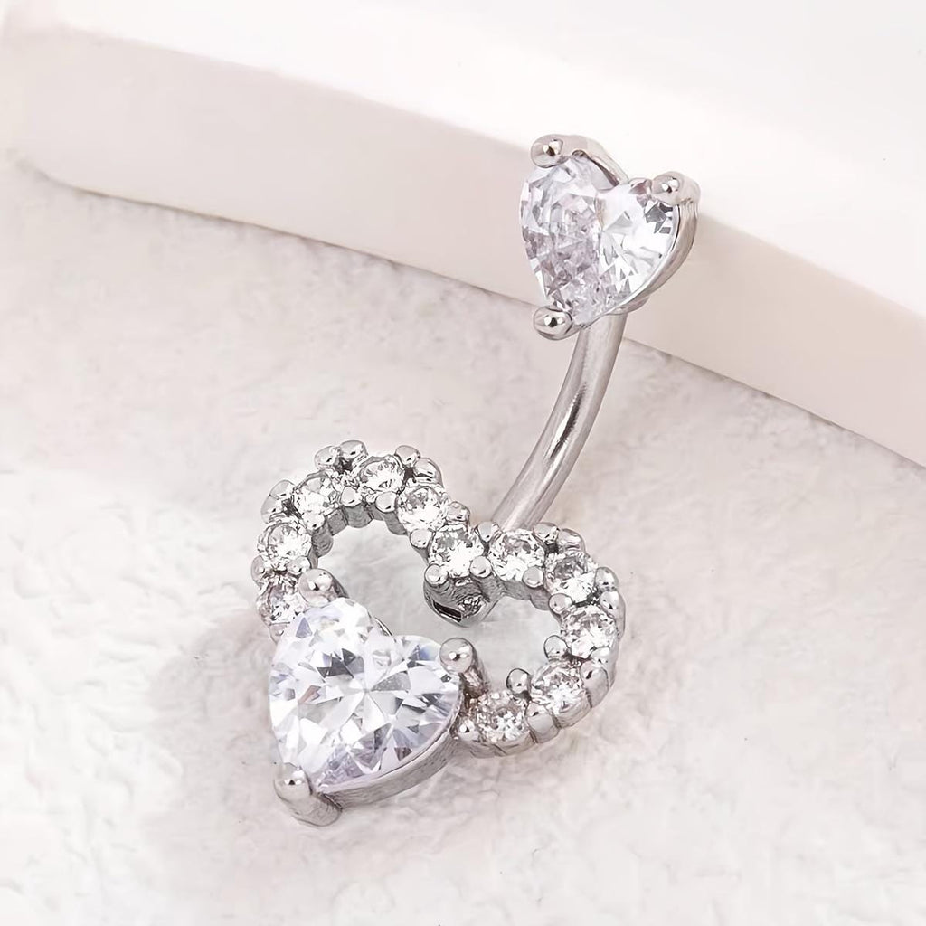 ASTM F136 Titanium Heart Belly Button Ring｜14G Anti-Gravity Navel Ring｜CZ Double Heart Navel Ring｜Gift For Her