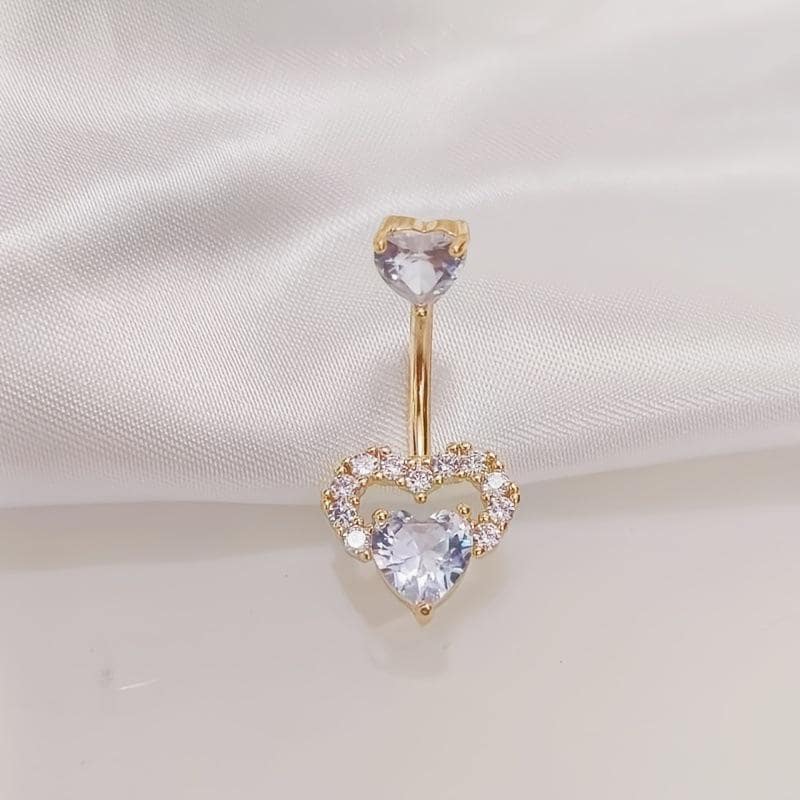 ASTM F136 Titanium Heart Belly Button Ring｜14G Anti-Gravity Navel Ring｜CZ Double Heart Navel Ring｜Gift For Her