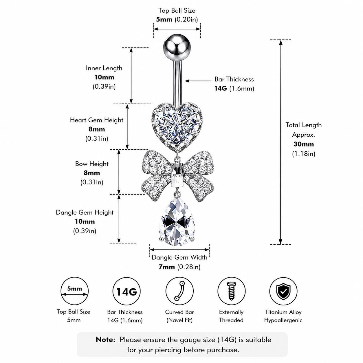 ASTM F136 Titanium Heart Bow Belly Button Ring｜14G Navel Piercing｜CZ Bow Dangle Navel Ring｜Externally Threaded｜Gift For Her
