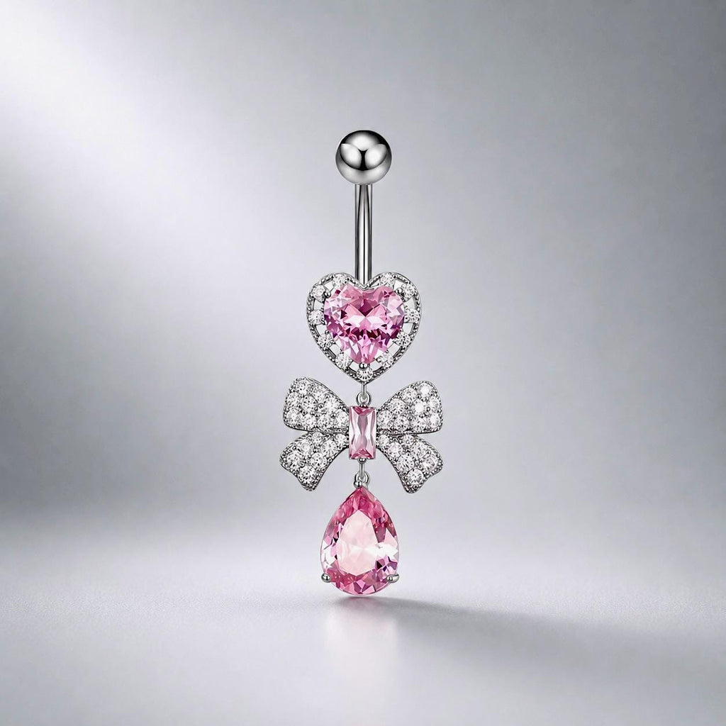 ASTM F136 Titanium Heart Bow Belly Button Ring｜14G Navel Piercing｜CZ Bow Dangle Navel Ring｜Externally Threaded｜Gift For Her