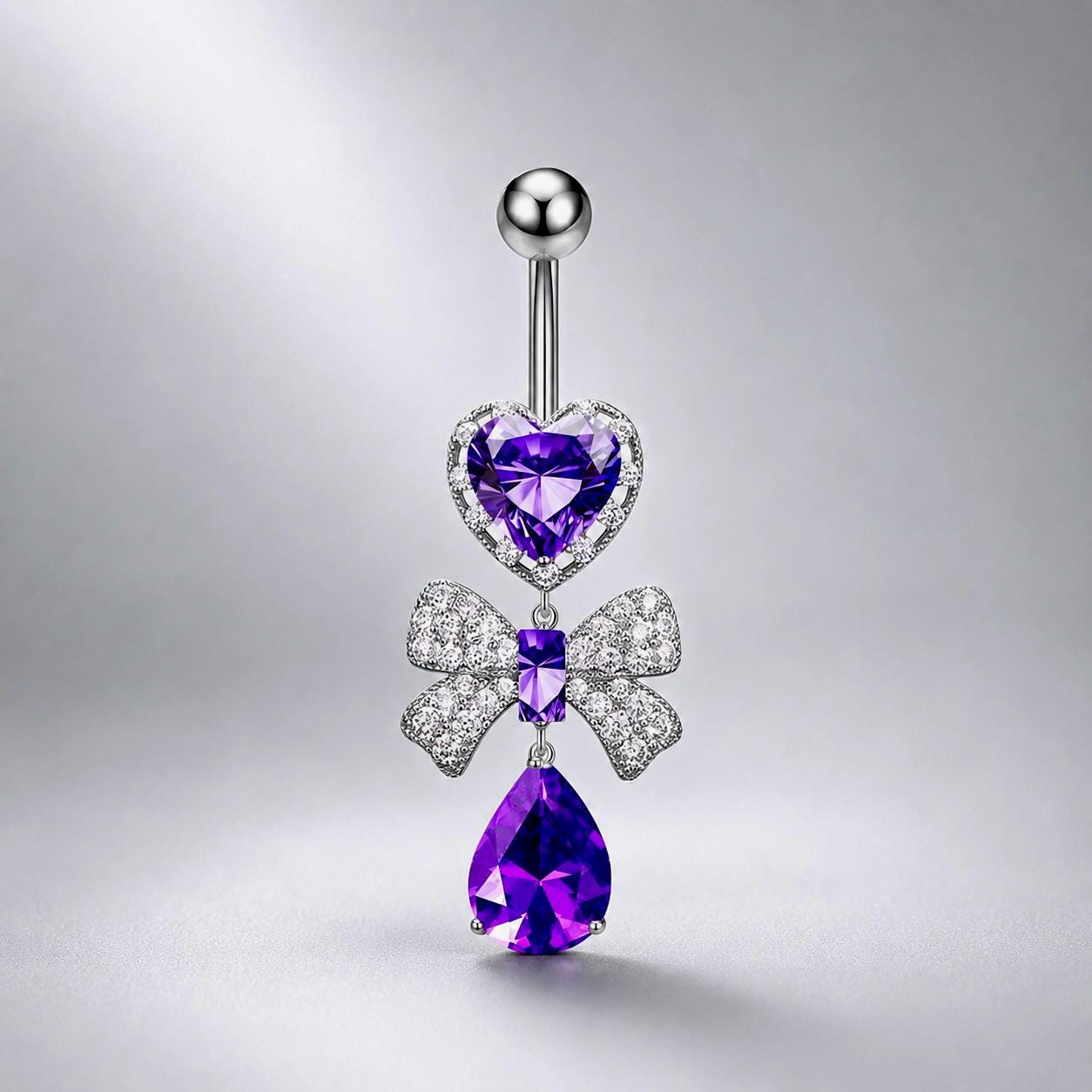 ASTM F136 Titanium Heart Bow Belly Button Ring｜14G Navel Piercing｜CZ Bow Dangle Navel Ring｜Externally Threaded｜Gift For Her