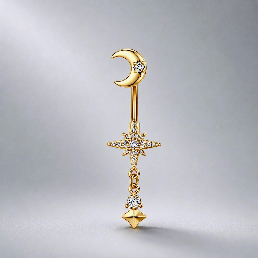 ASTM F136 Titanium Moon Star Belly Button Ring｜14G Navel Piercing｜CZ Celestial Dangle Navel Ring｜Externally Threaded｜Gothic Jewelry