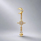ASTM F136 Titanium Moon Star Belly Button Ring｜14G Navel Piercing｜CZ Celestial Dangle Navel Ring｜Externally Threaded｜Gothic Jewelry