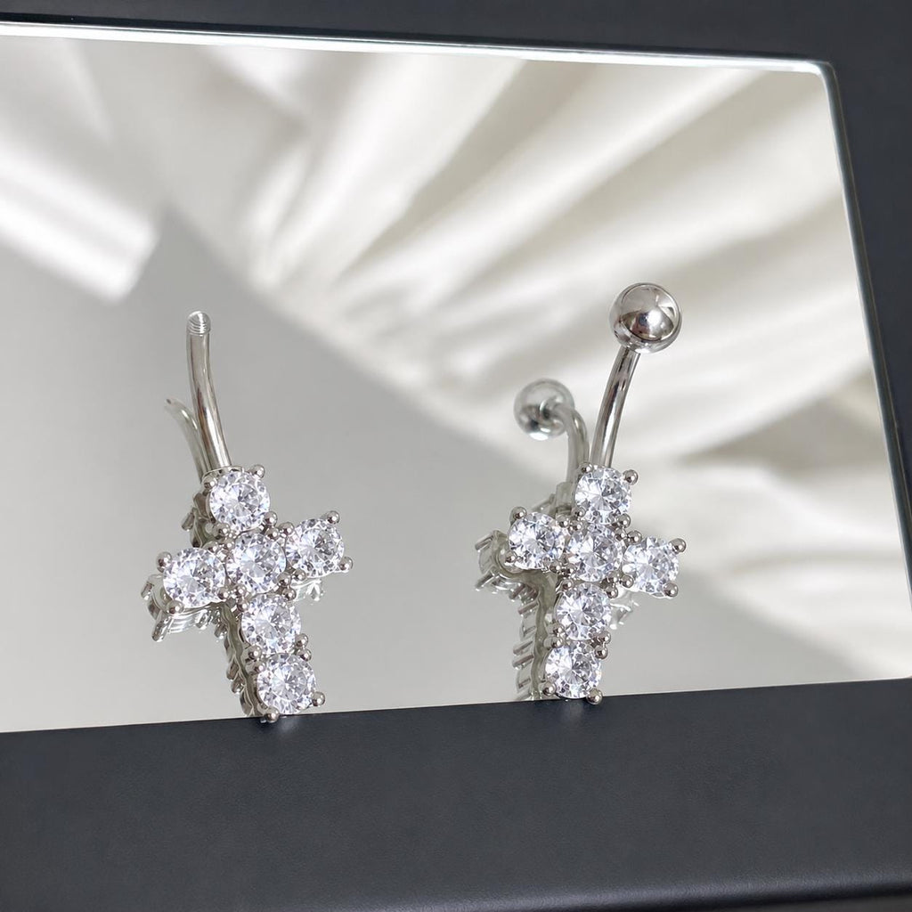 ASTM F136 Titanium Cross Belly Button Ring｜14G Navel Piercing｜CZ Cross Navel Ring｜Externally Threaded｜Gift for Her