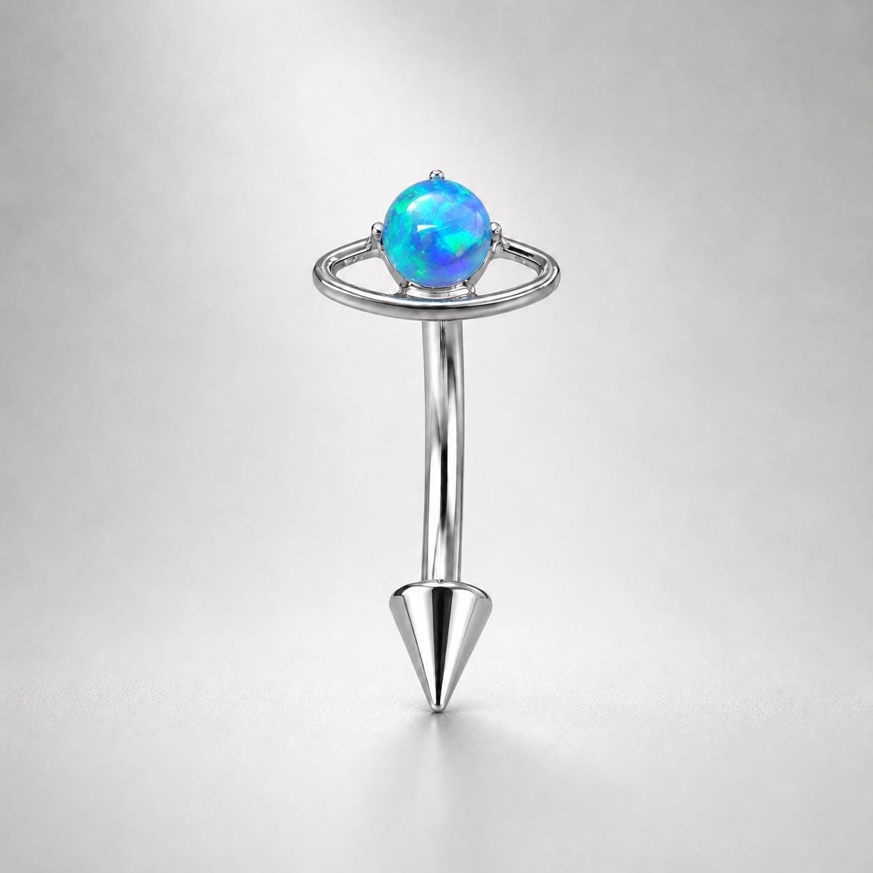 ASTM F136 Titanium Planet Opal Eyebrow Ring, 16G Curved Barbell, Saturn Orbit Cone Spike Brow Piercing Jewelry, Celestial Rook Labret