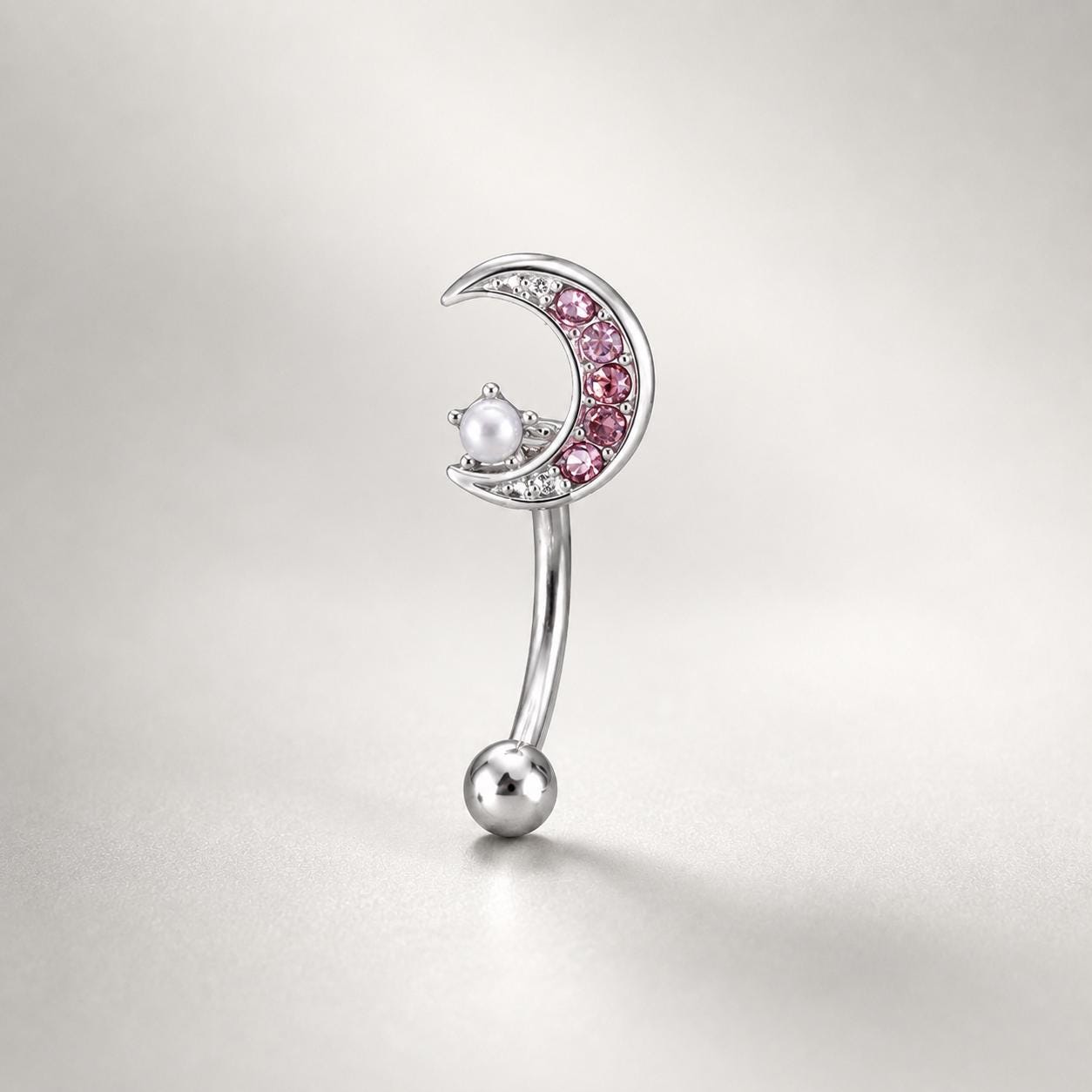 ASTM F136 Titanium Moon Pearl Eyebrow Ring, 16G Straight Barbell, Pink CZ Crescent Brow Piercing Jewelry, Rook Vertical Labret