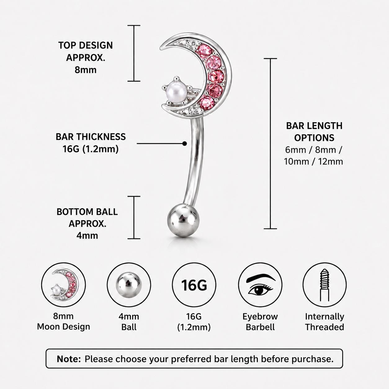 ASTM F136 Titanium Moon Pearl Eyebrow Ring, 16G Straight Barbell, Pink CZ Crescent Brow Piercing Jewelry, Rook Vertical Labret