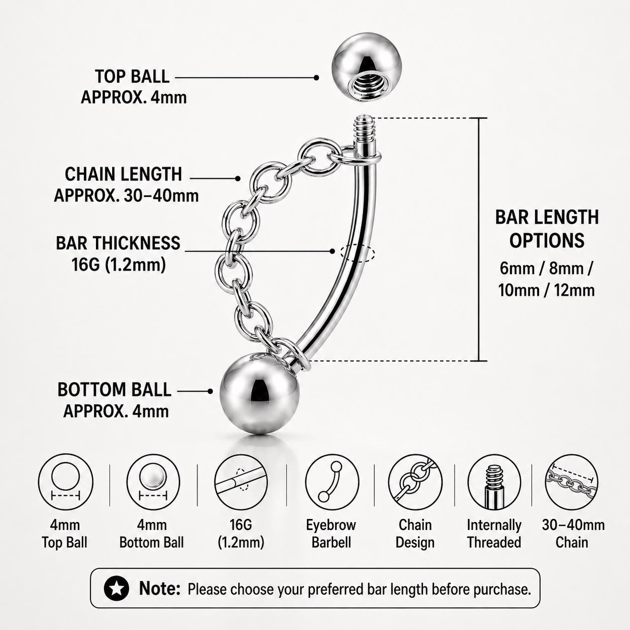 ASTM F136 Titanium Chain Eyebrow Ring, 16G Curved Barbell, Silver Ball Chain Brow Piercing Jewelry, Punk Rook Vertical Labret