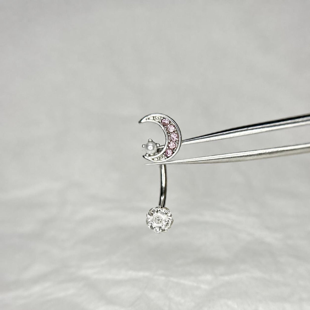 ASTM F136 Titanium Moon Pearl Eyebrow Ring, 16G Straight Barbell, Pink CZ Crescent Brow Piercing Jewelry, Rook Vertical Labret