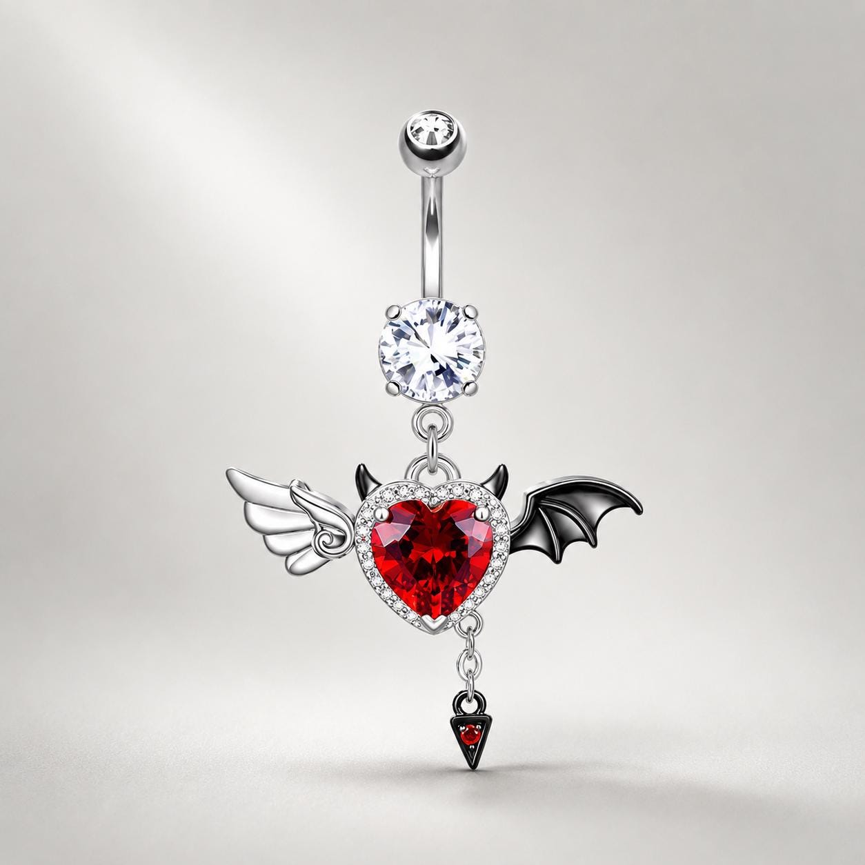 ASTM F136 Titanium Angel Devil Heart Belly Button Ring｜14G Navel Piercing｜Red CZ Winged Navel Ring｜Implant Grade Titanium Jewelry