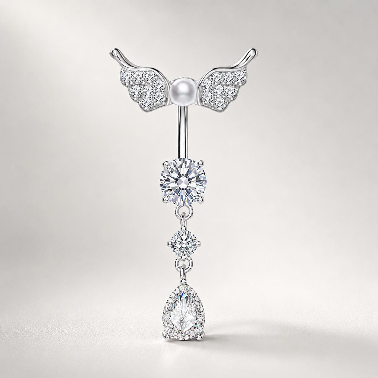 ASTM F136 Titanium Angel Wing Belly Button Ring｜14G Navel Piercing｜Dangle CZ Navel Ring｜Implant Grade Titanium Jewelry