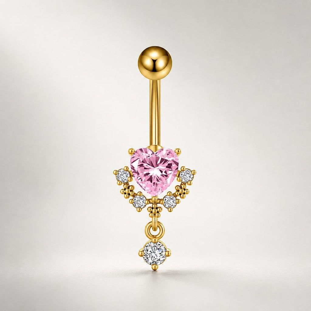 ASTM F136 Titanium Heart Belly Button Ring｜14G Navel Piercing｜Pink Heart CZ Dangle Belly Ring｜Implant Grade Hypoallergenic Body Jewelry