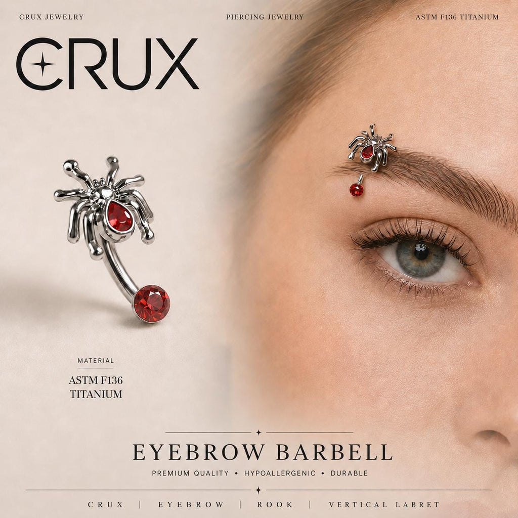 ASTM F136 Titanium Spider Eyebrow Ring, 16G Curved Barbell, Red Gem Spider Brow Piercing Jewelry, Gothic Rook Vertical Labret