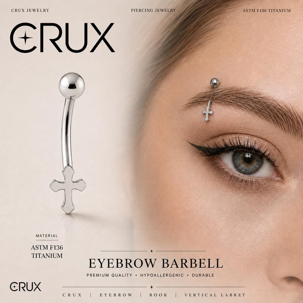 ASTM F136 Titanium Cross Eyebrow Ring, 16G Curved Barbell, Silver Cross Dangle Brow Piercing Jewelry, Gothic Rook Vertical Labret