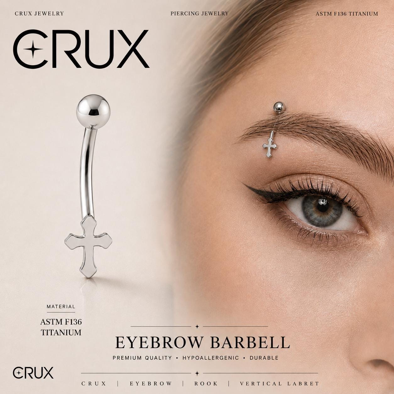 ASTM F136 Titanium Cross Eyebrow Ring, 16G Curved Barbell, Silver Cross Dangle Brow Piercing Jewelry, Gothic Rook Vertical Labret