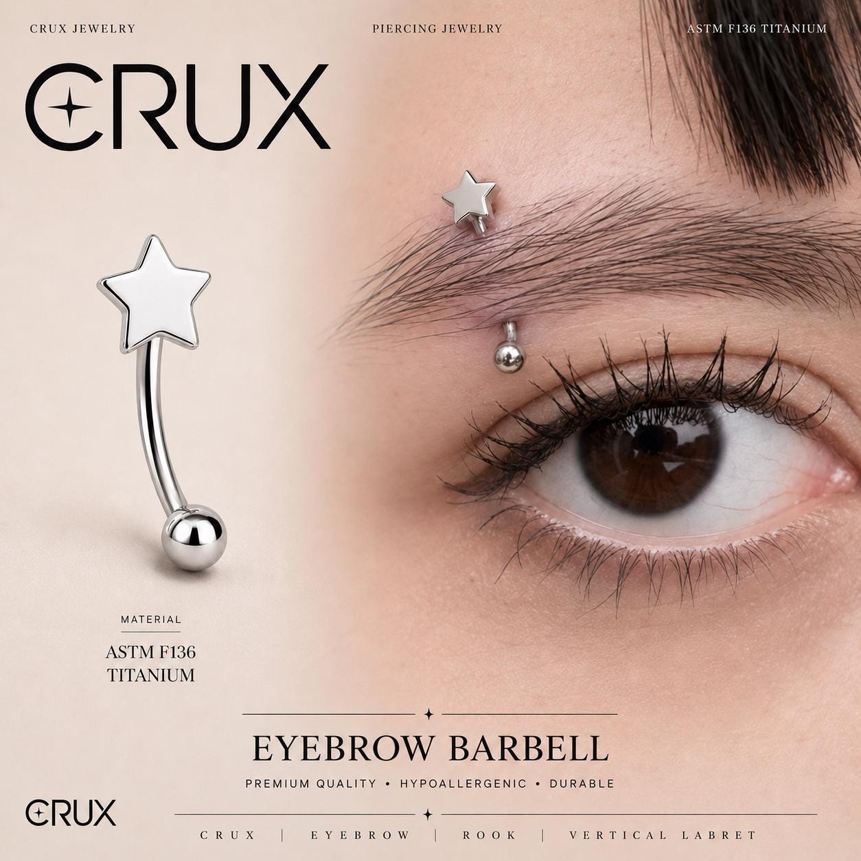 ASTM F136 Titanium Star Eyebrow Ring, 16G Curved Barbell, Silver Star Brow Piercing Jewelry, Externally Threaded, Y2K Rook Vertical Labret
