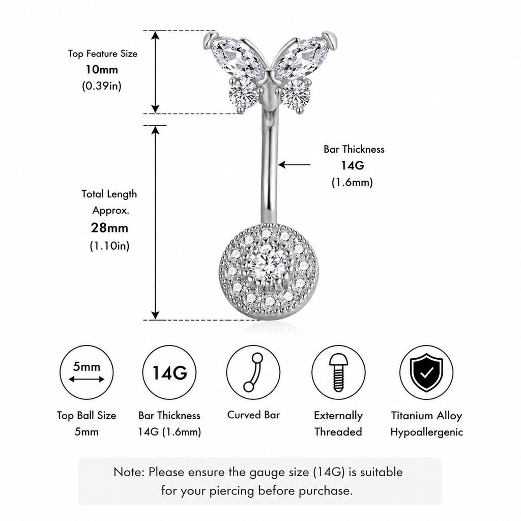 F136 Titanium Butterfly Belly Button Ring ｜ 14G Navel Piercing ｜ CZ Butterfly Navel Ring ｜ Externally Threaded ｜ Gift for Her