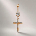 F136 Titanium Cross Belly Button Ring ｜ 14G Navel Piercing ｜ CZ Dangle Navel Ring ｜ Externally Threaded ｜ Gothic Jewelry