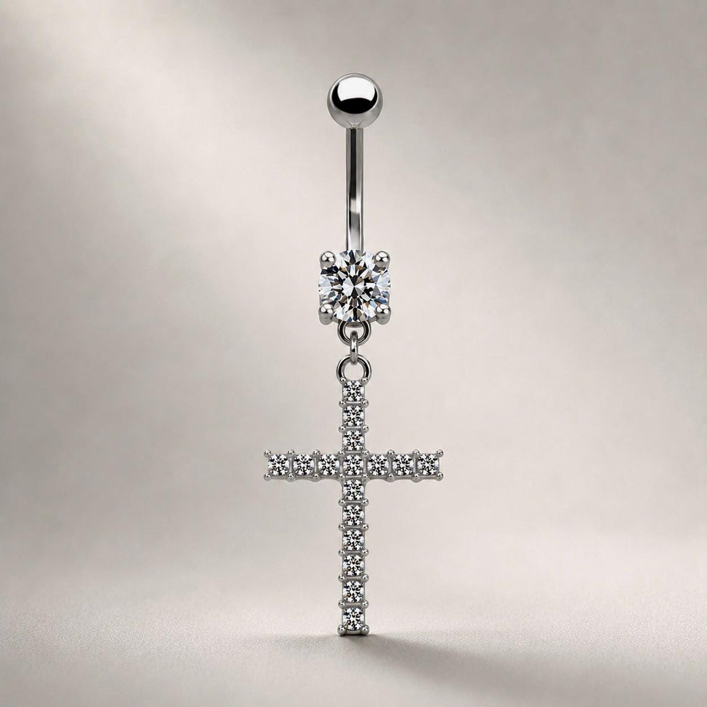 F136 Titanium Cross Belly Button Ring ｜ 14G Navel Piercing ｜ CZ Dangle Navel Ring ｜ Externally Threaded ｜ Gothic Jewelry