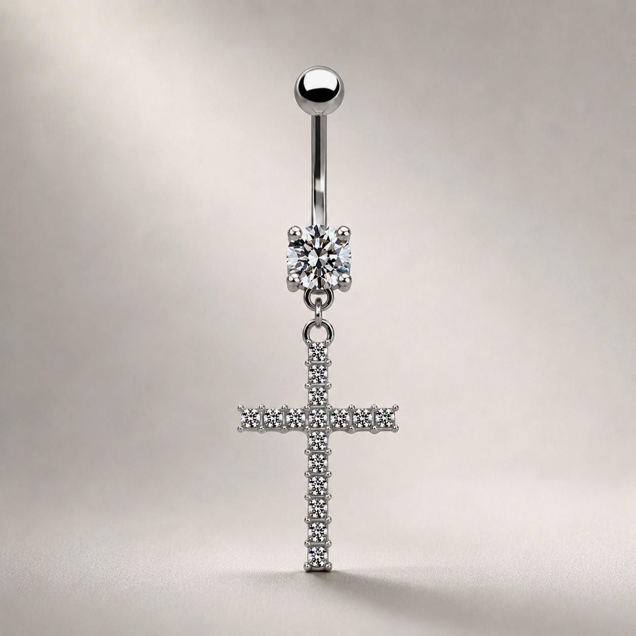 F136 Titanium Cross Belly Button Ring ｜ 14G Navel Piercing ｜ CZ Dangle Navel Ring ｜ Externally Threaded ｜ Gothic Jewelry