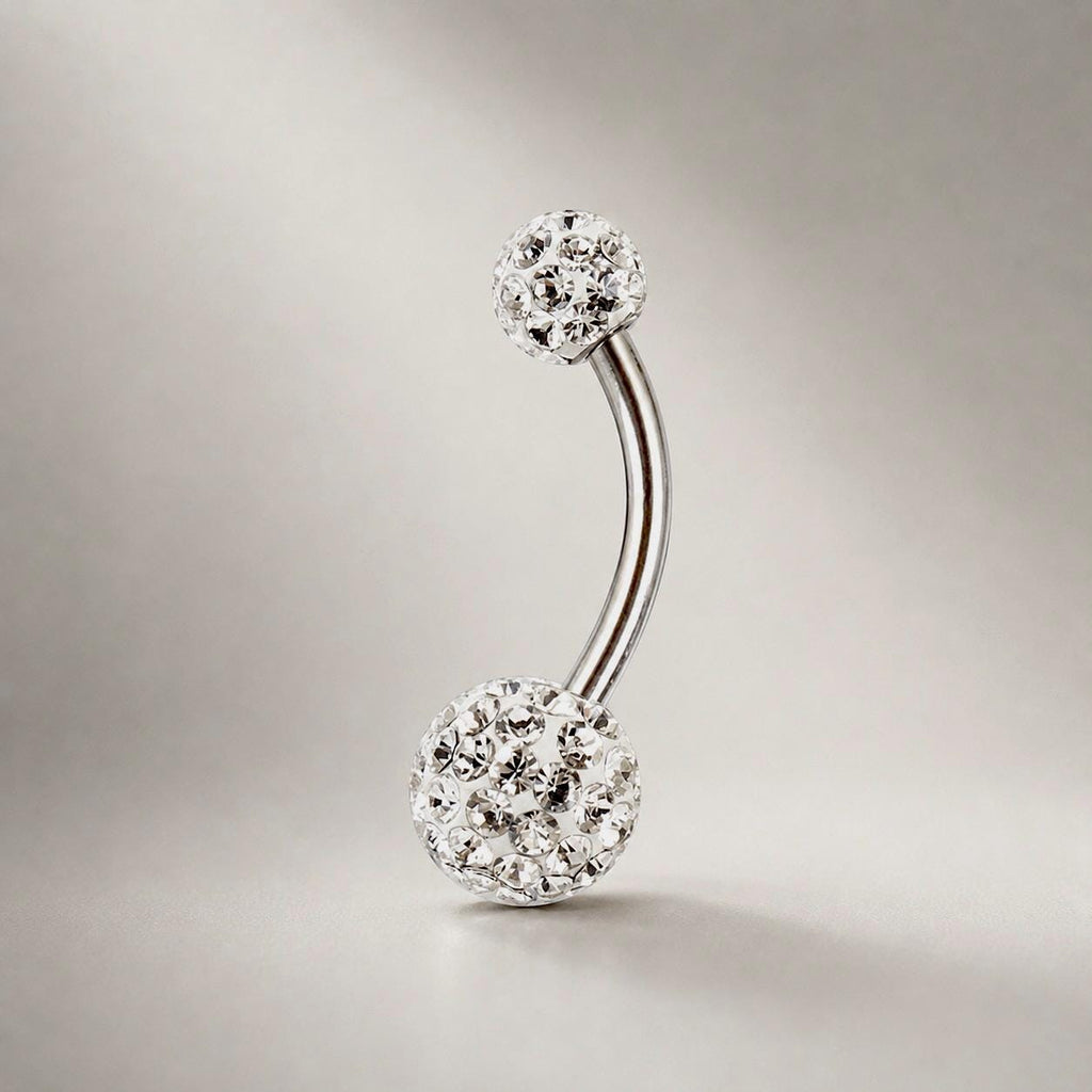 ASTM F136 Titanium Crystal Ball Belly Button Ring｜14G Navel Piercing｜CZ Pavé Ball Navel Ring｜Externally Threaded｜Y2K Jewelry