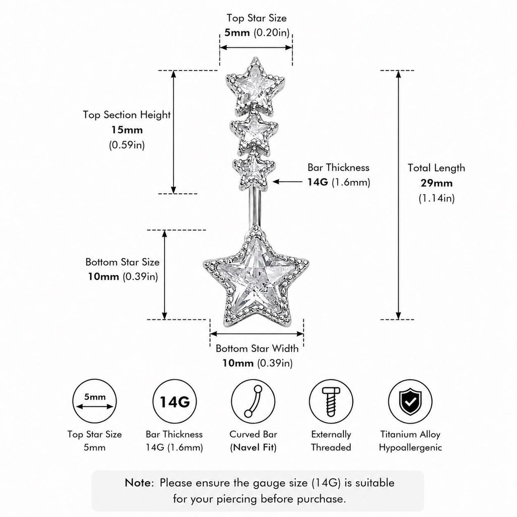 ASTM F136 Titanium Star Belly Button Ring｜14G Navel Piercing｜CZ Star Dangle Navel Ring｜Externally Threaded｜Y2K Jewelry